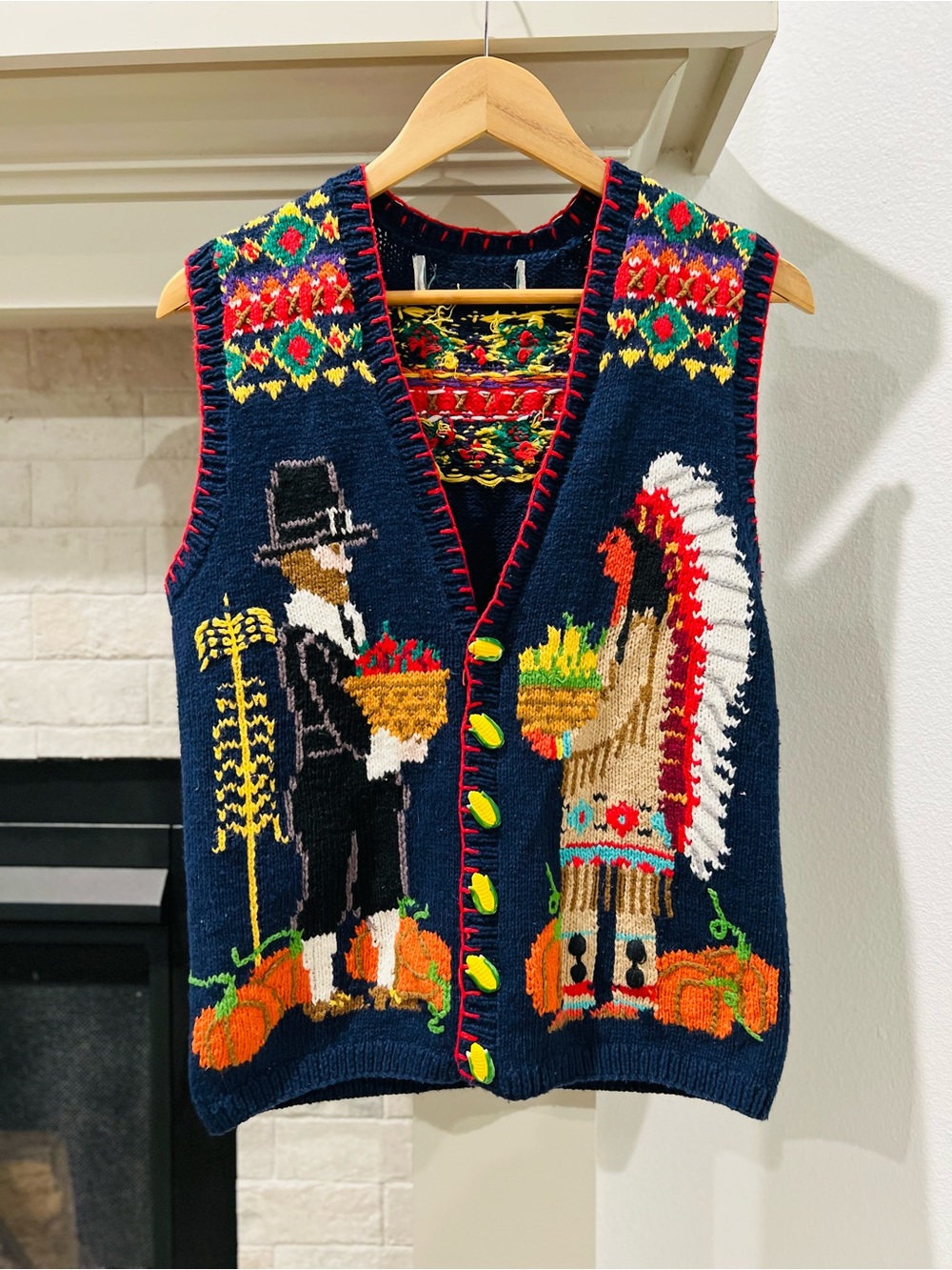 Vintage Pilgrim and Native American Thanksgiving Indian Sweater Vest
